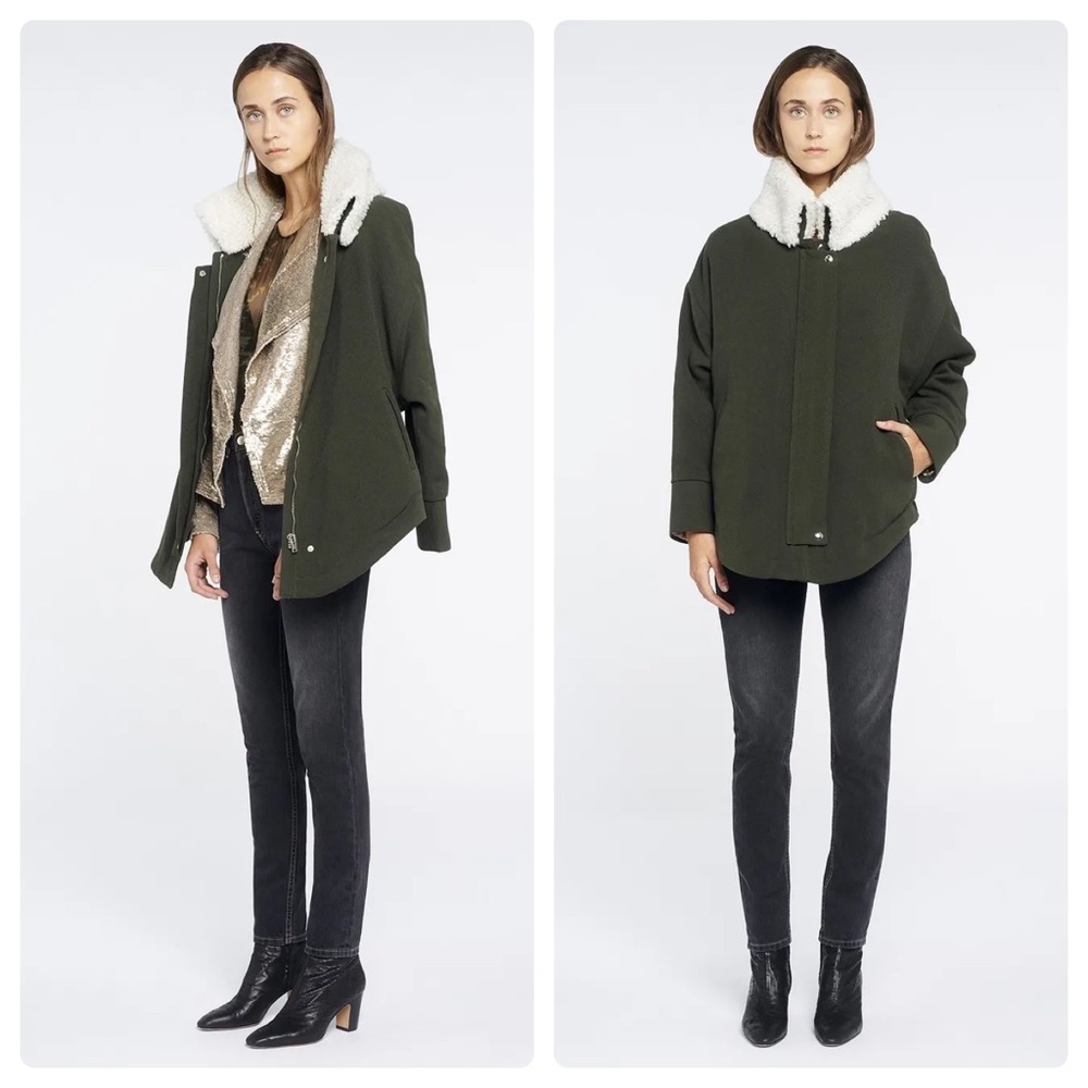 IRO Onae Green Sheepskin Collar Parka Jacket Sz 36